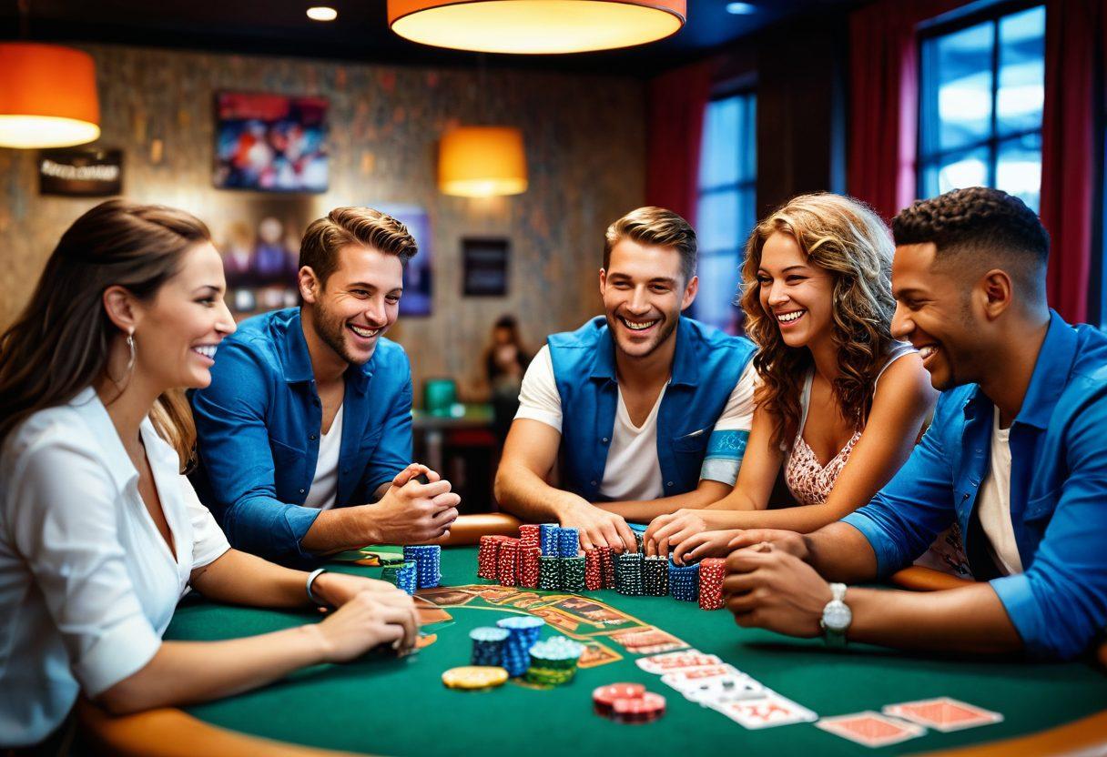 A lively scene featuring a group of diverse friends gathered around a poker table, full of colorful chips and cards, with joyful expressions as they share laughs. The background showcases a bright, vibrant atmosphere with playful decorations and hints of adventure. Radiate a sense of camaraderie and excitement, emphasizing the thrill of a fun poker night. super-realistic. vibrant colors. 3D.