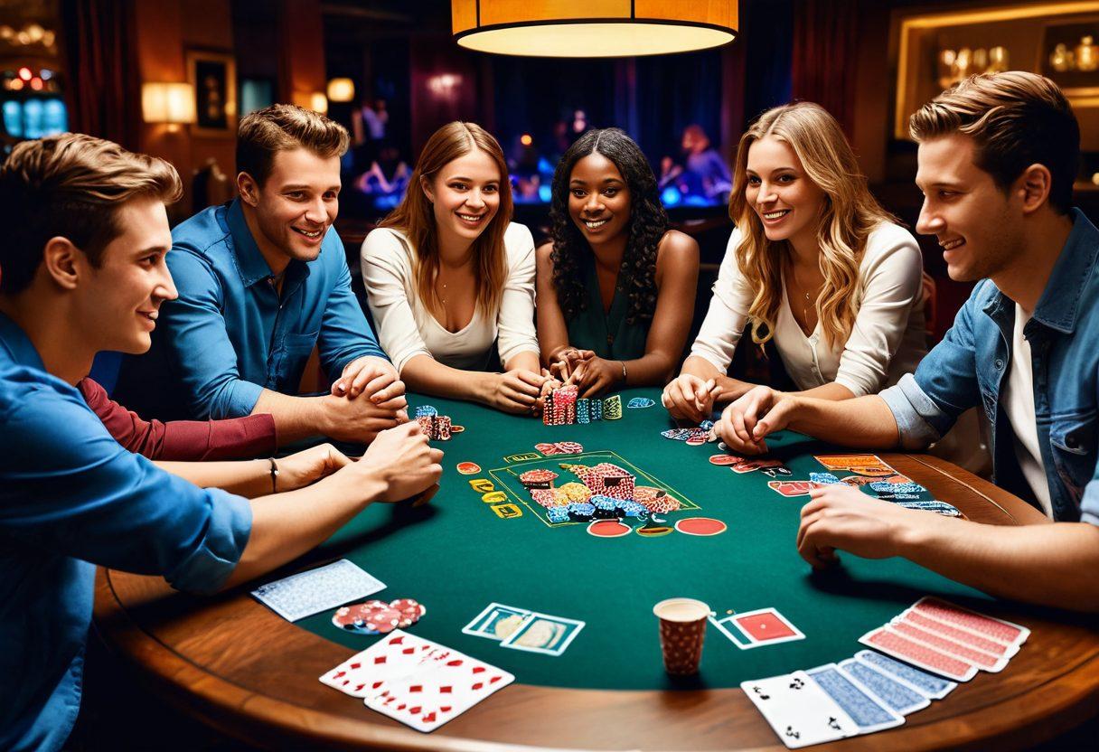 A lively and colorful scene showcasing a group of diverse friends gathered around a table, passionately engaged in a game of Five Card Draw. The table is adorned with poker chips and snacks, while cards are spread out showcasing different hands. Warm lighting casts a cozy atmosphere, with trophies in the background symbolizing tournament victories. Vector art. vibrant colors. inviting and fun atmosphere.