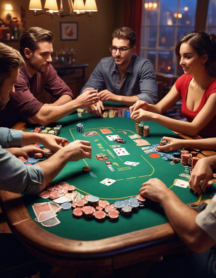 A lively game night scene featuring a group of friends engaged in an intense Five Card Draw Poker game around a table. Each character displays focused expressions while colorful cards and chips are scattered across the table, accentuating the competitive atmosphere. Dim ambient lighting with strategic spotlighting highlights their hands and the poker chips, adding to the thrill of the moment. Incorporate hints of snacks and drinks in the background to emphasize the fun aspect of game nights. super-realistic. vibrant colors. warm lighting.